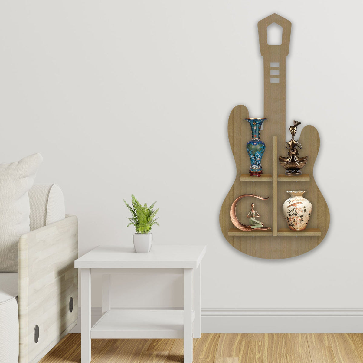 Guitar Shape Wooden Wall Shelf LED Light Wall Shelf with Oak Finish