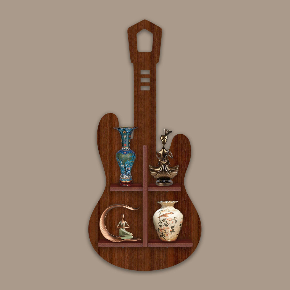 Guitar Shape Wooden Wall Shelf LED Light Wall Shelf with Walnut Finish