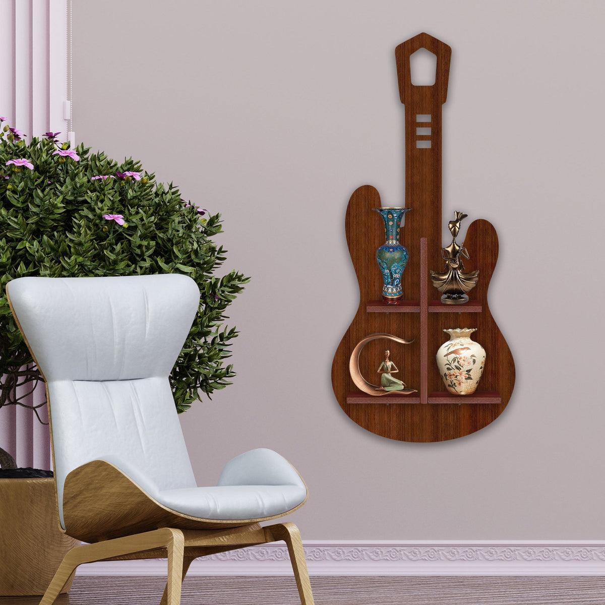 Guitar Shape Wooden Wall Shelf LED Light Wall Shelf with Walnut Finish