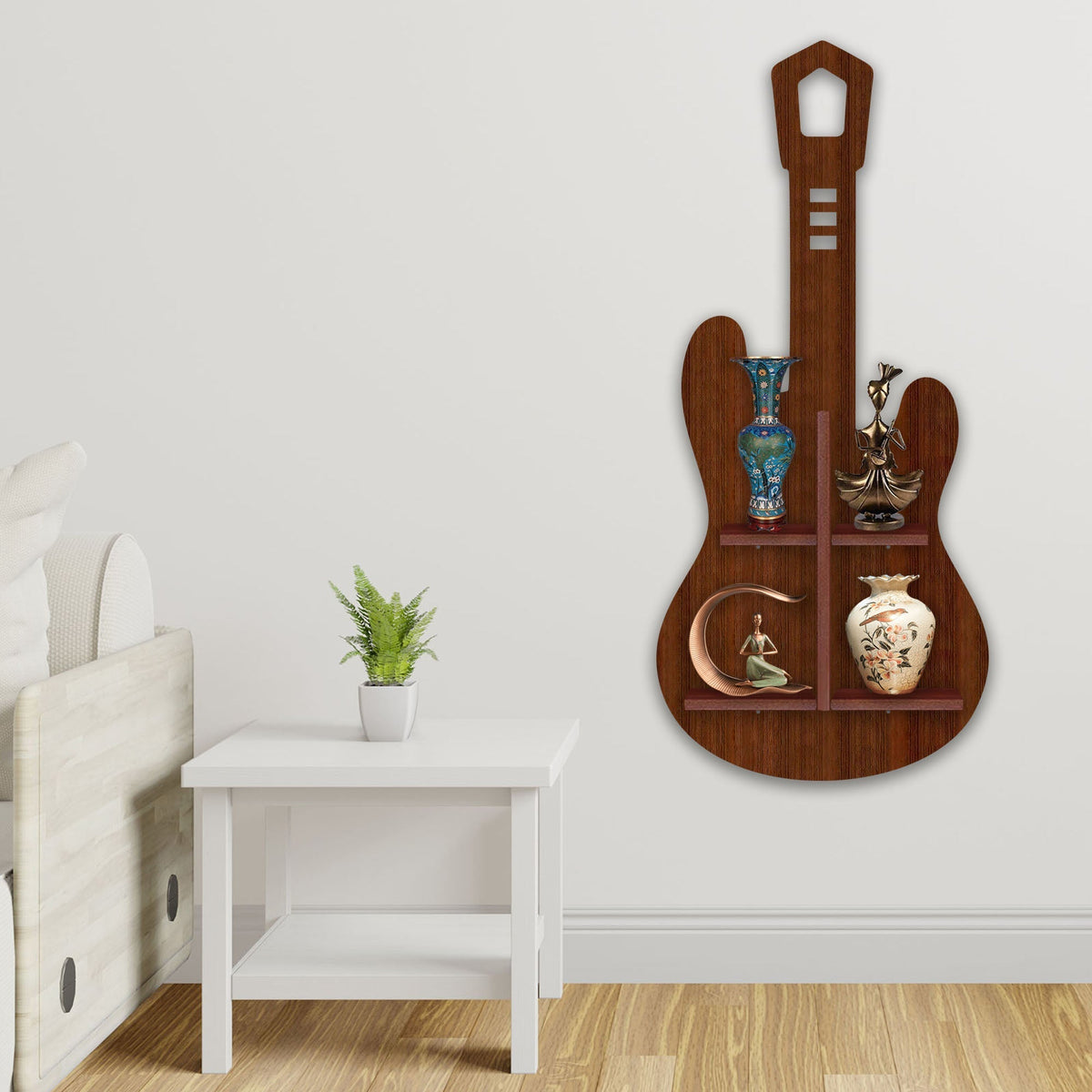 Guitar Shape Wooden Wall Shelf LED Light Wall Shelf with Walnut Finish