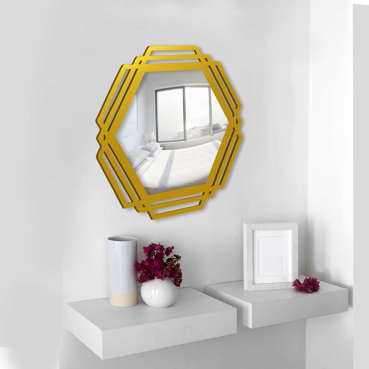 Hexagonal Shape Designer Decorative Wooden Wall Mirror With Gold Texture