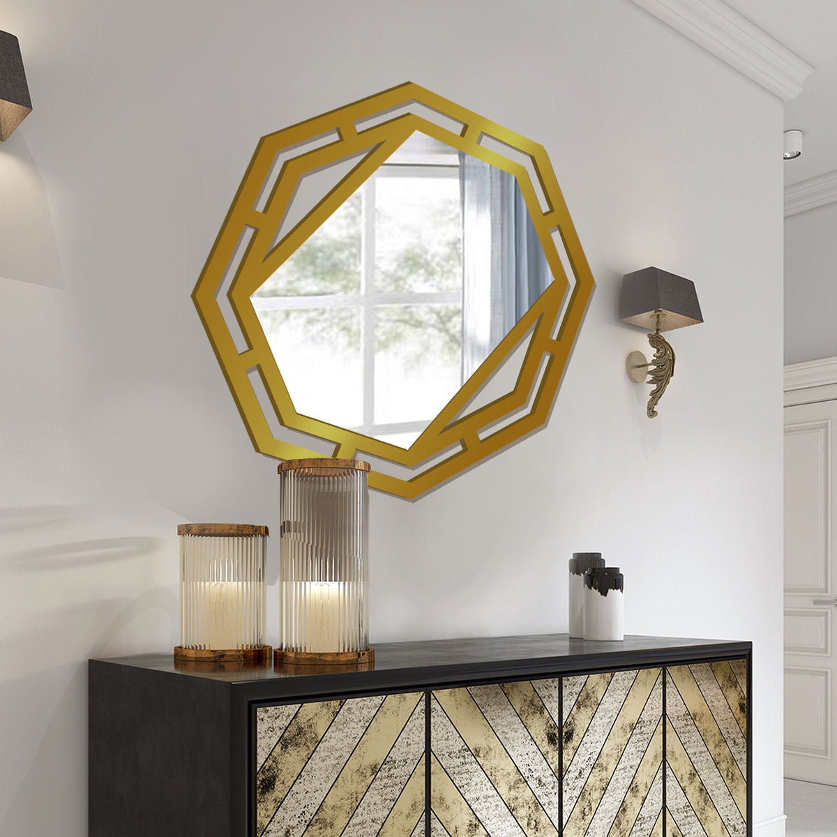 Hexagonal Shape Modern Stylish Decorative Wooden Wall Mirror With Gold Texture