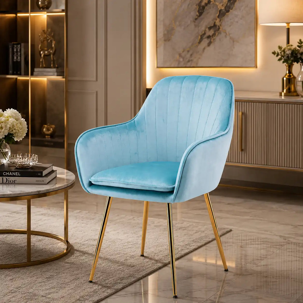 High Tufted Back Luxury Sky Blue Comfy Lounge Chair