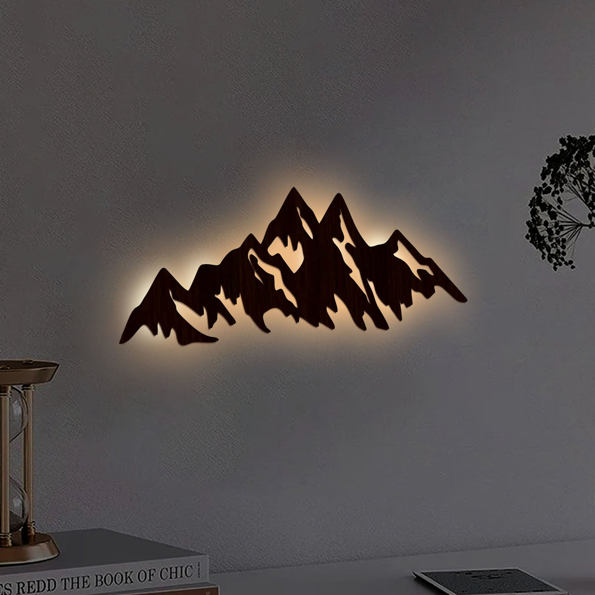 Himalayan Mountain Backlit Wooden Wall Art  with LED Night Light Walnut Finish