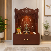Holy Symbol Om Chakra Floor Temple with Spacious Wooden Shelf & Inbuilt Focus Light- Brown Finish