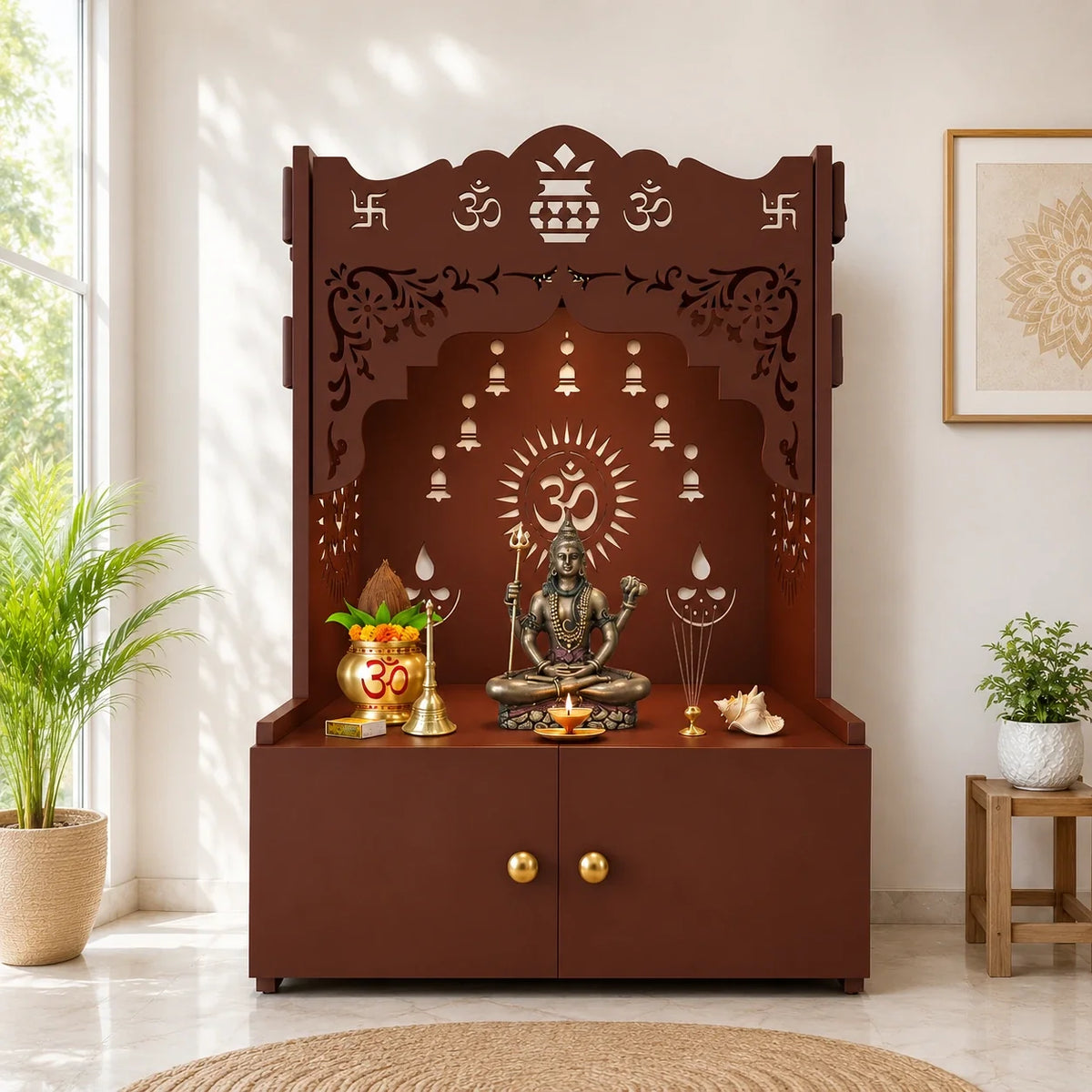 Holy Symbol Om Chakra Floor Temple with Spacious Wooden Shelf & Inbuilt Focus Light- Brown Finish