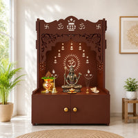 Holy Symbol Om Chakra Floor Temple with Spacious Wooden Shelf & Inbuilt Focus Light- Brown Finish