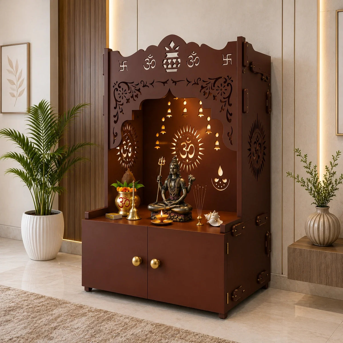 Holy Symbol Om Chakra Floor Temple with Spacious Wooden Shelf & Inbuilt Focus Light- Brown Finish