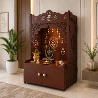 Holy Symbol Om Chakra Floor Temple with Spacious Wooden Shelf & Inbuilt Focus Light- Brown Finish