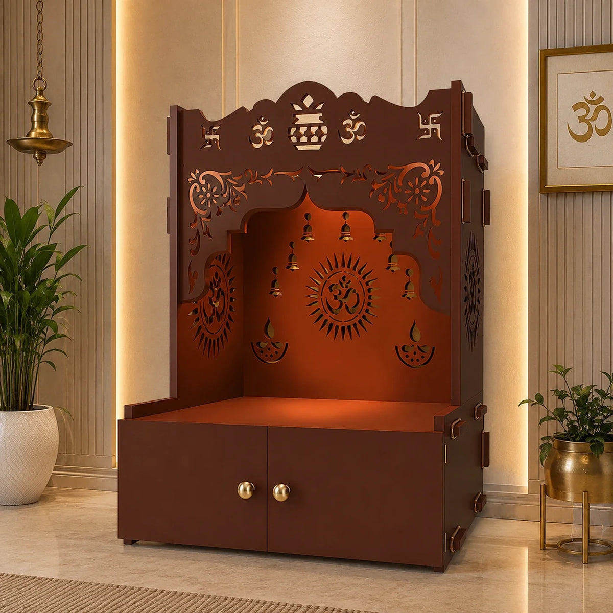 Holy Symbol Om Chakra Floor Temple with Spacious Wooden Shelf & Inbuilt Focus Light- Brown Finish
