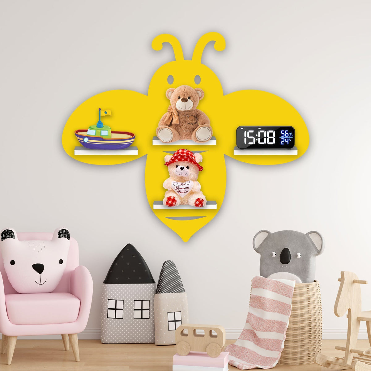 Honey Bee Wooden Wall Shelf LED Light Wall Shelf for Kids