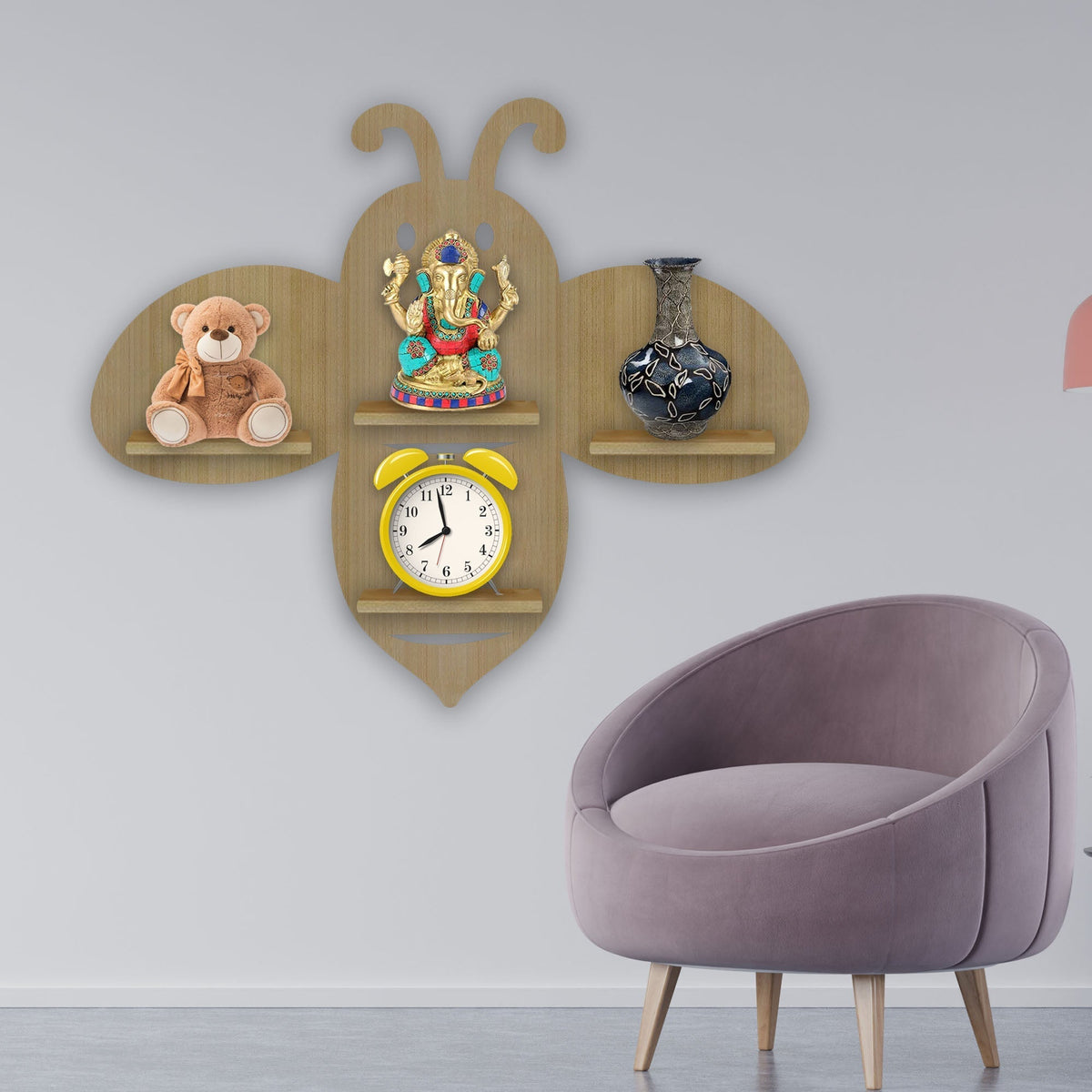 Honey Bee Wooden Wall Shelf LED Light Wall Shelf with Oak Finish