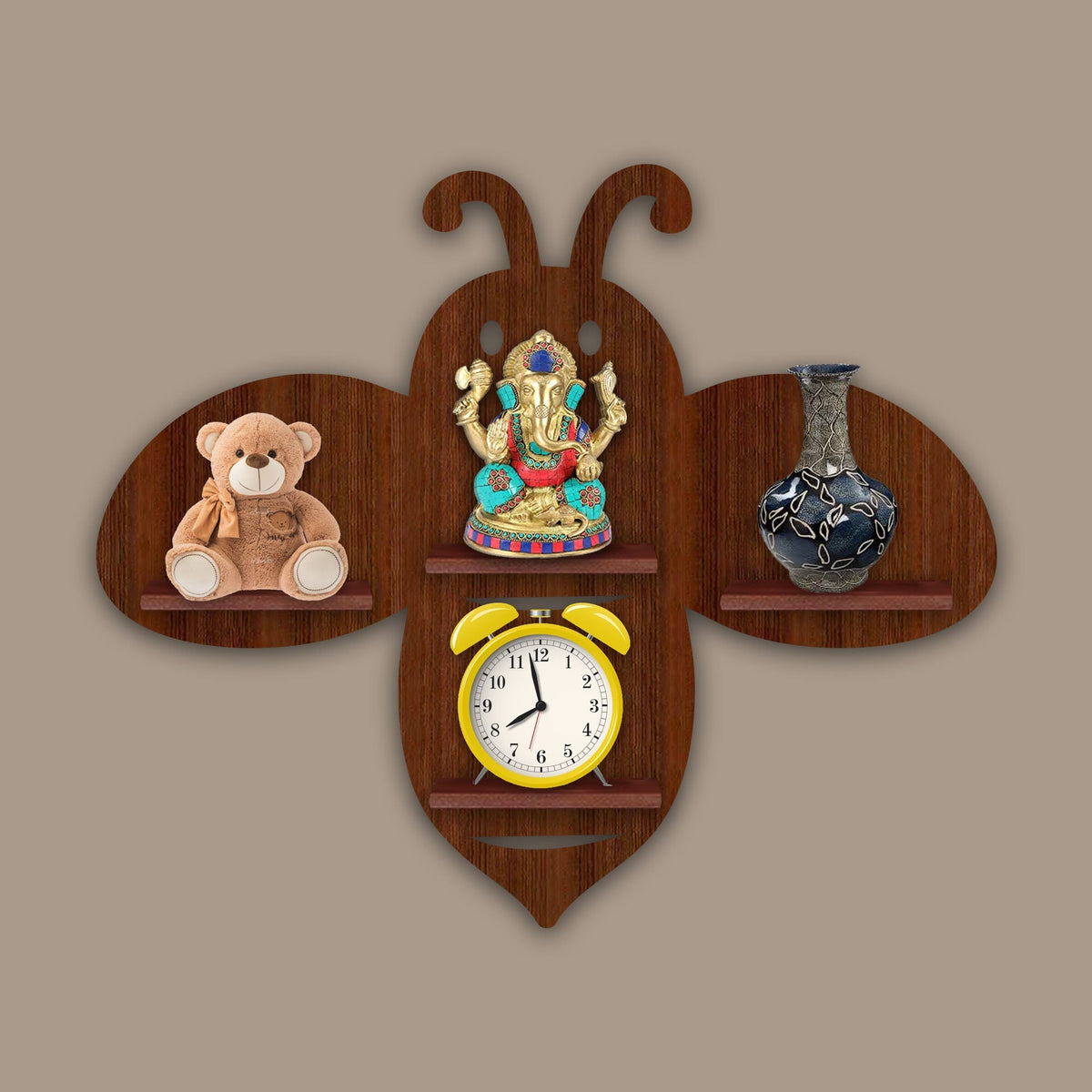 Honey Bee Wooden Wall Shelf LED Light Wall Shelf with Walnut Finish