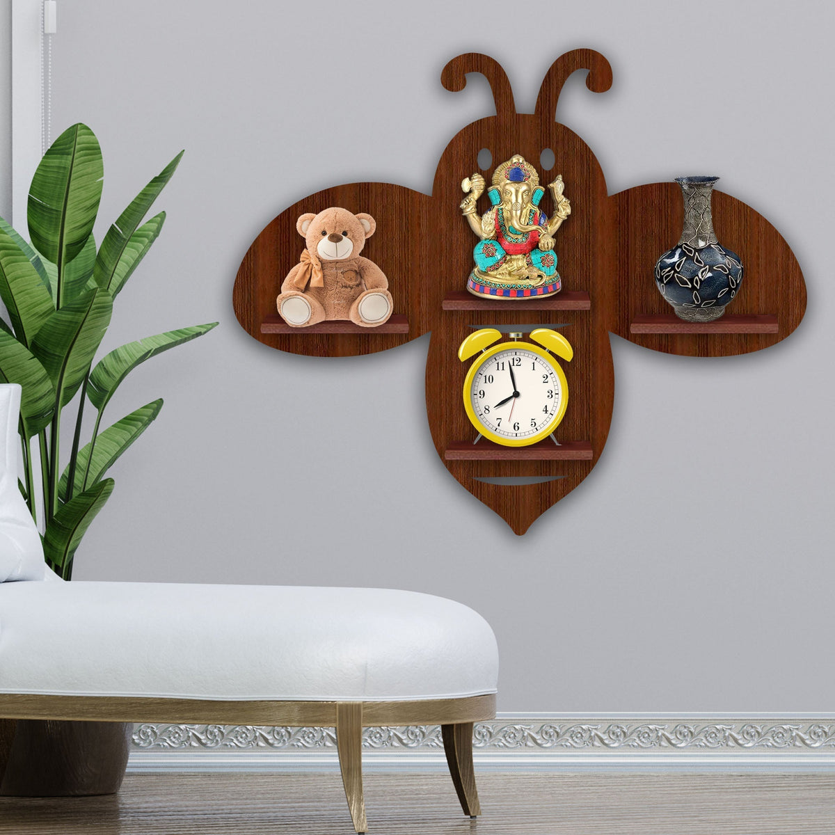 Honey Bee Wooden Wall Shelf LED Light Wall Shelf with Walnut Finish