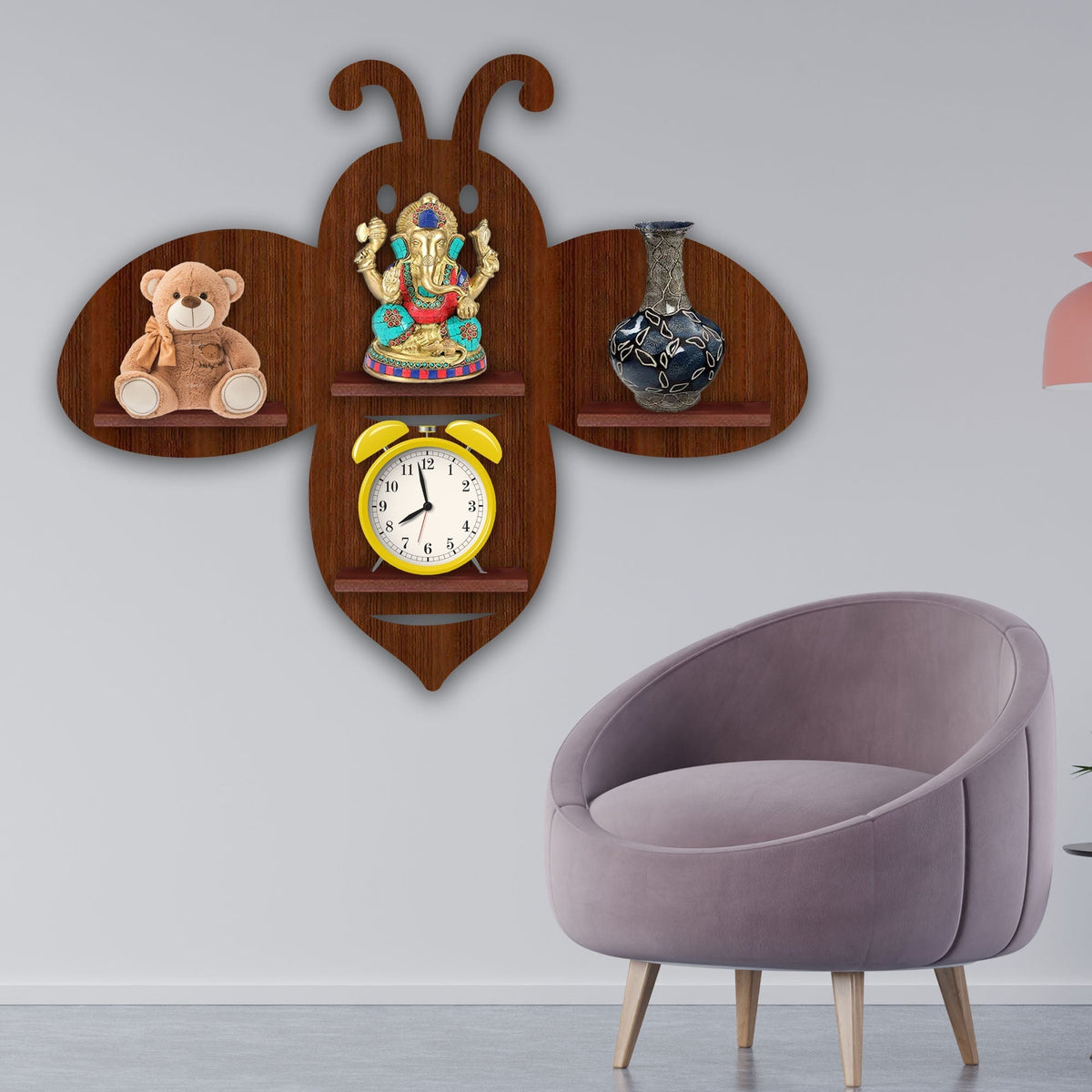 Honey Bee Wooden Wall Shelf LED Light Wall Shelf with Walnut Finish