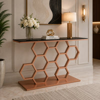 Honeycomb Motif Copper Finish Metal Console Table