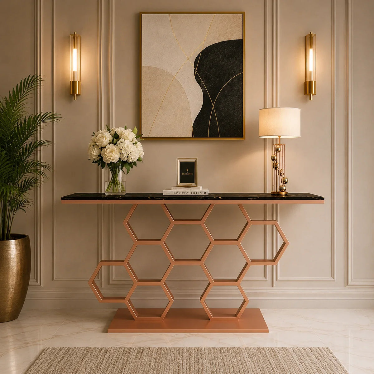 Honeycomb Motif Copper Finish Metal Console Table