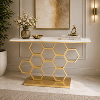 Honeycomb Motif Golden Metal Finish Console Table