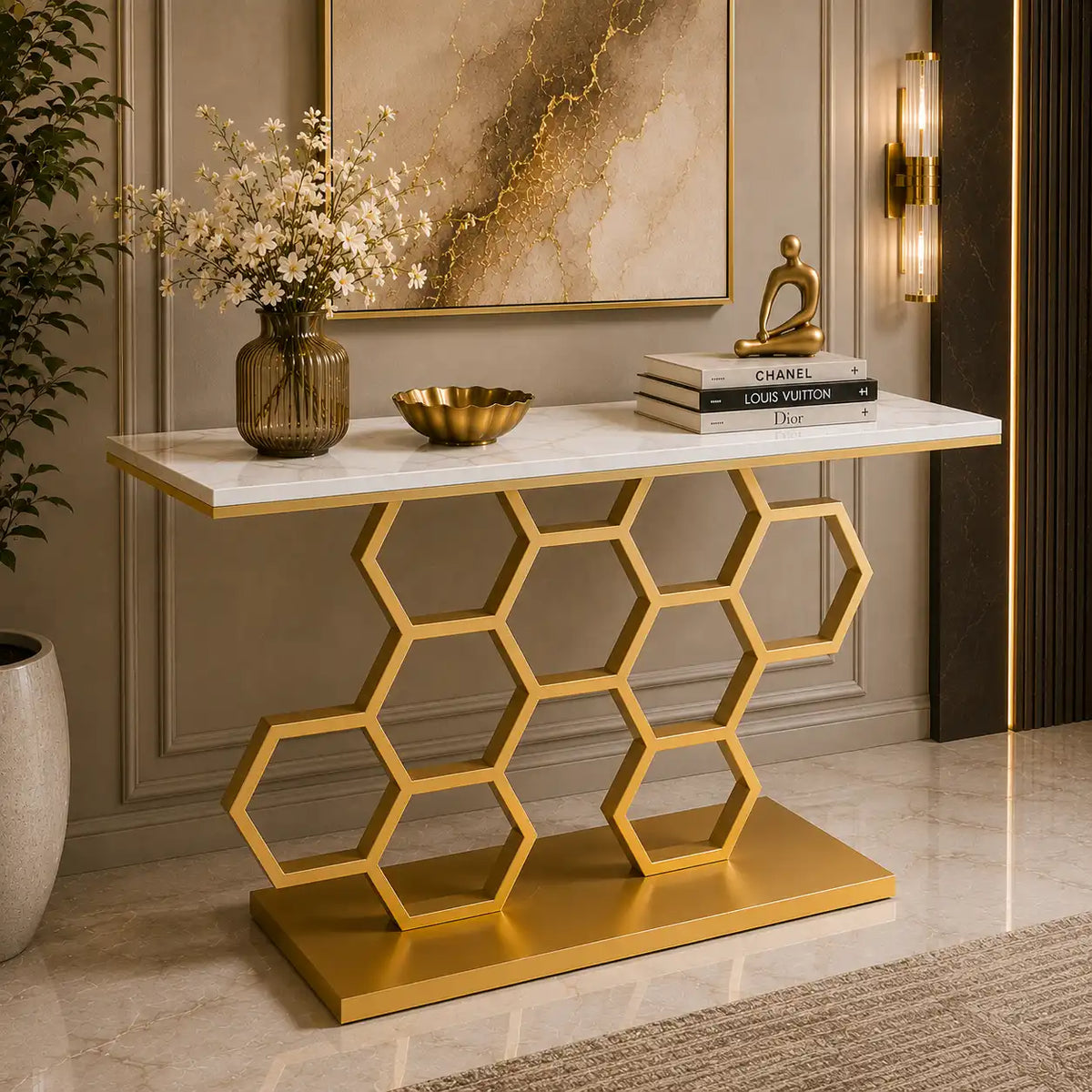 Honeycomb Motif Golden Metal Finish Console Table