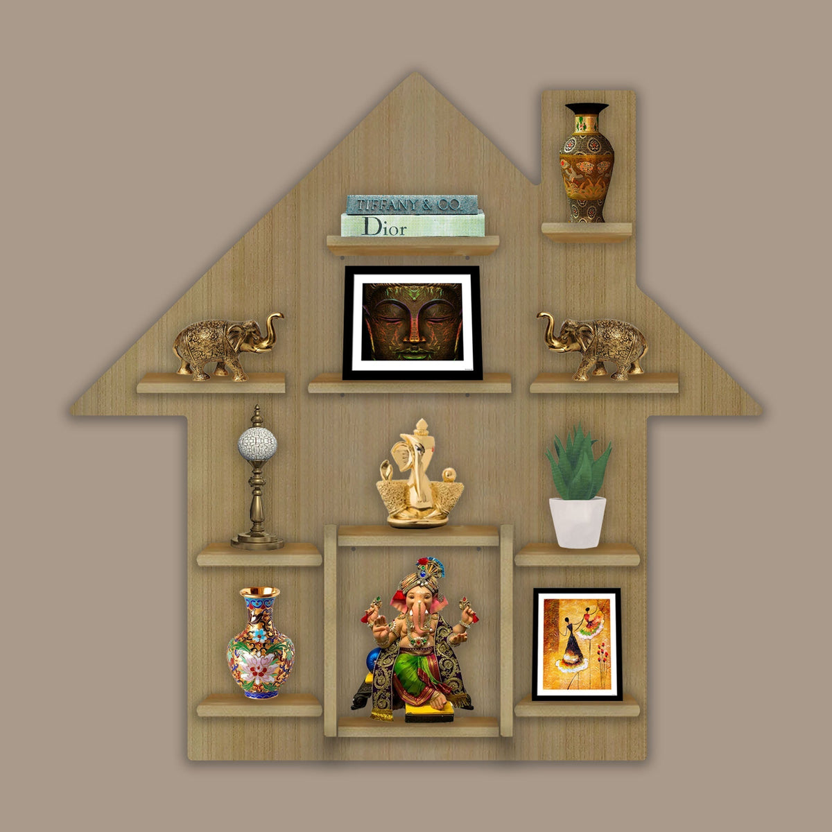 Hut Shape Wooden Wall Storage Shelves with LED Light Oak Finish