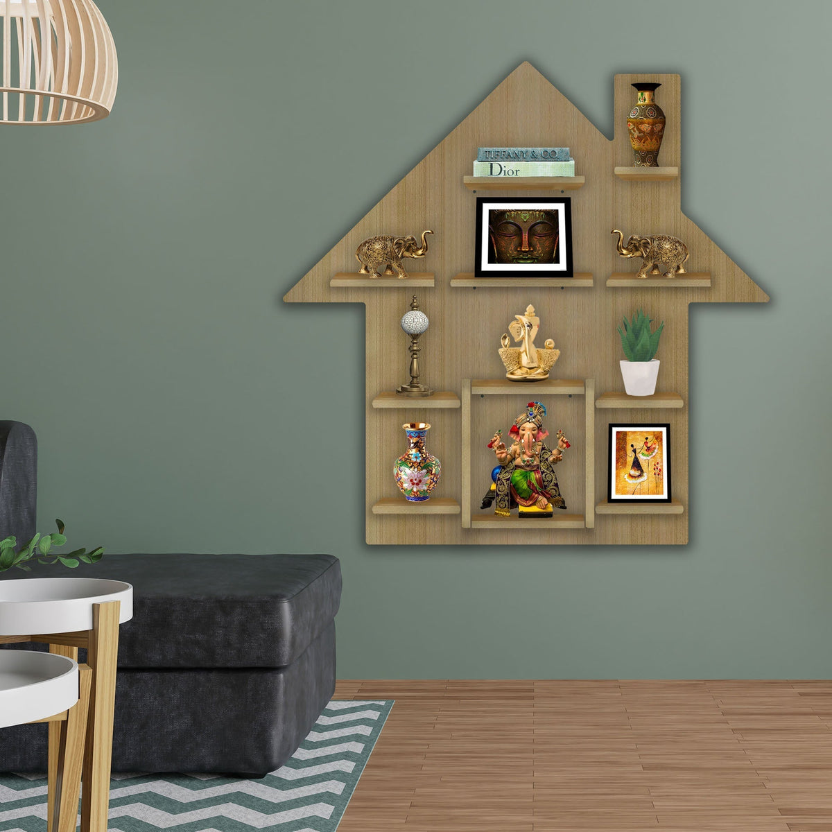 Hut Shape Wooden Wall Storage Shelves with LED Light Oak Finish