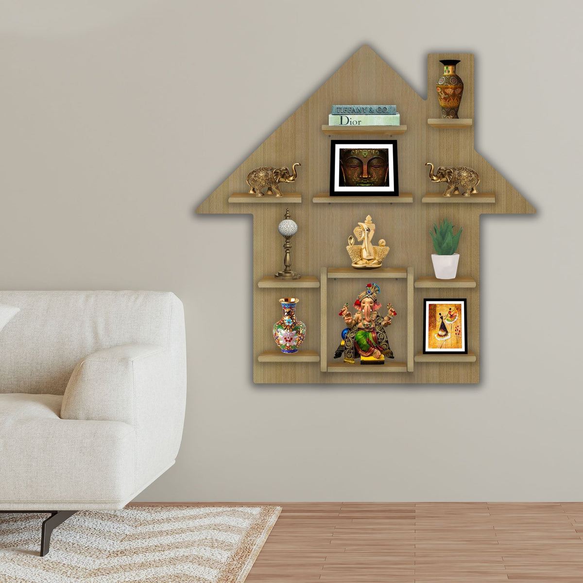 Hut Shape Wooden Wall Storage Shelves with LED Light Oak Finish
