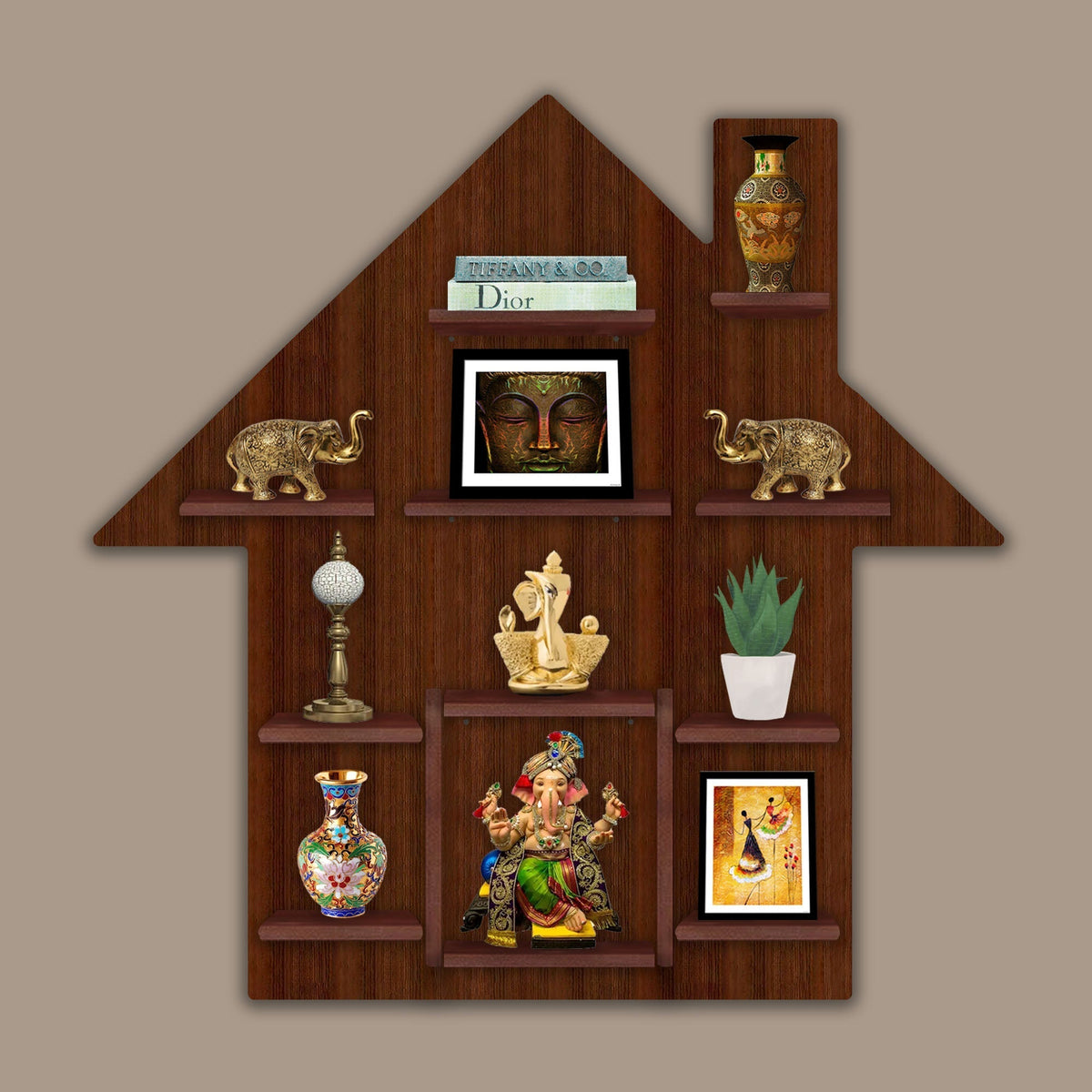 Hut Shape Wooden Wall Storage Shelves with LED Light Walnut Finish