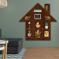 Hut Shape Wooden Wall Storage Shelves with LED Light Walnut Finish