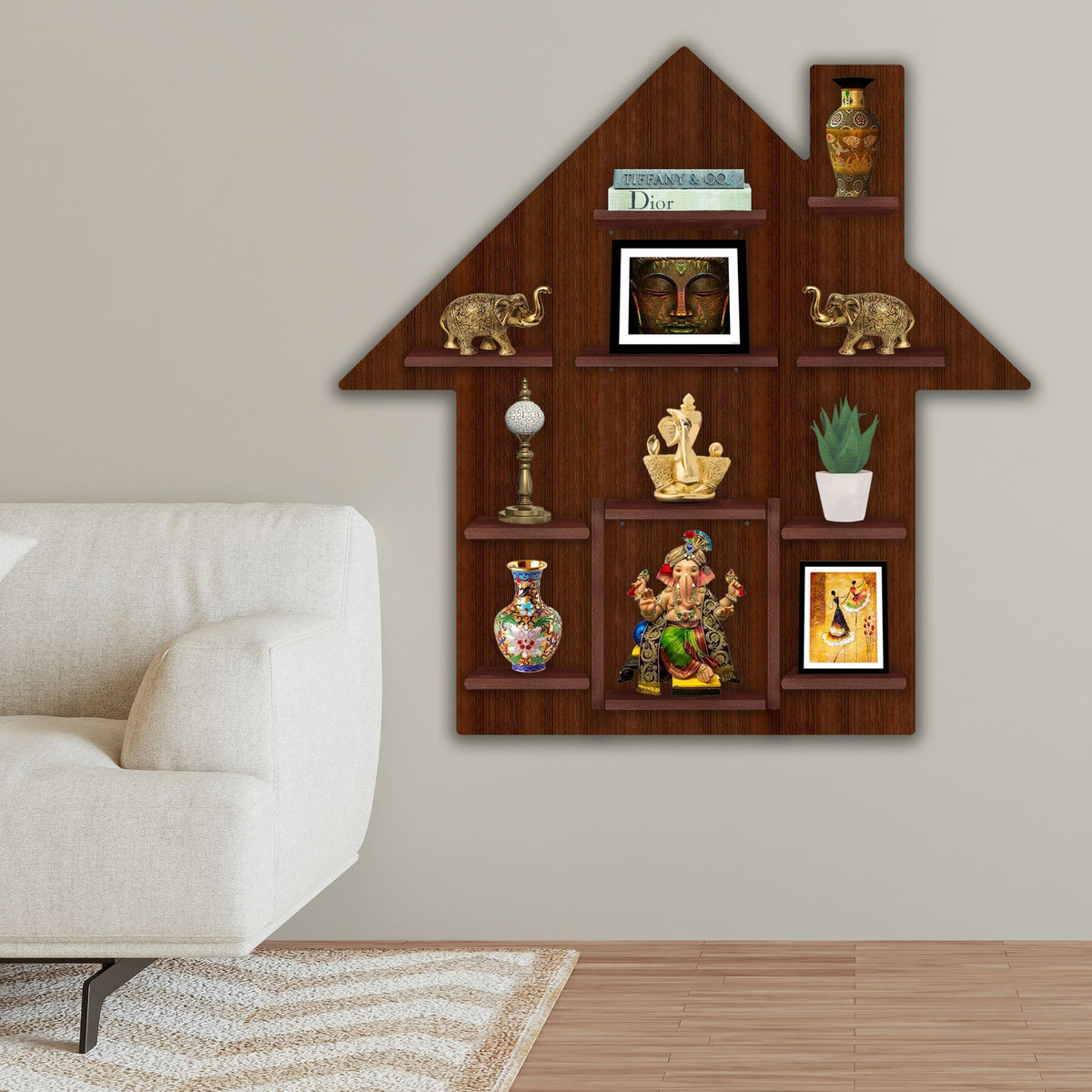 Hut Shape Wooden Wall Storage Shelves with LED Light Walnut Finish