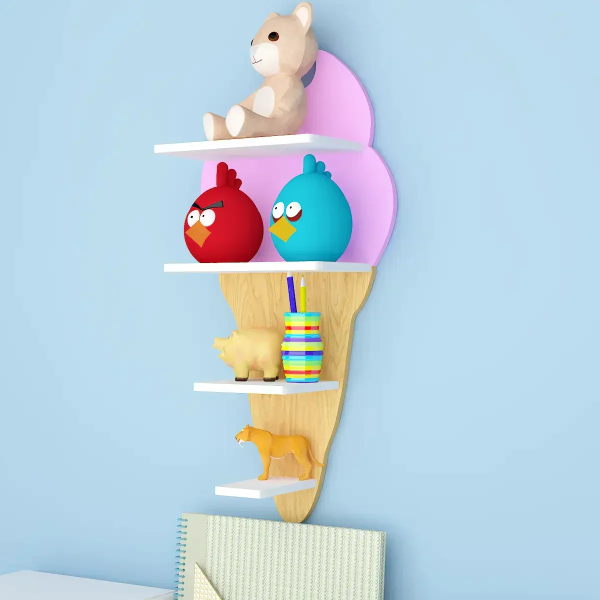 Ice-Cream Shape Wooden Wall Storage Shelf for Kids