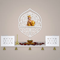 Intricate Jali Designer Shaped Wall Hanging Wooden Temple/ Pooja Mandir Design with Shelf, White Color