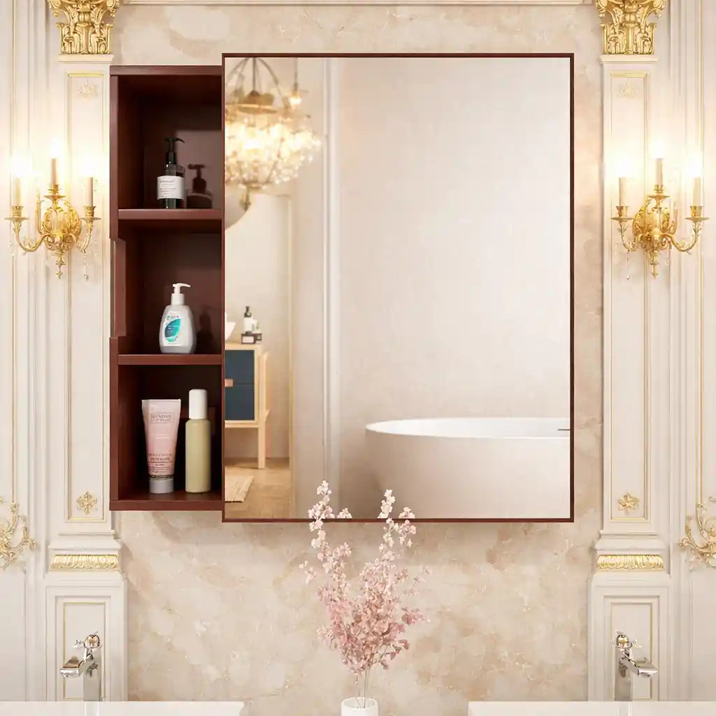 Luxurious Classic Wooden Bathroom Cabinet Mirror with 3 Open Shelves with Brown Finish