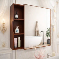 Luxurious Classic Wooden Bathroom Cabinet Mirror with 3 Open Shelves with Brown Finish