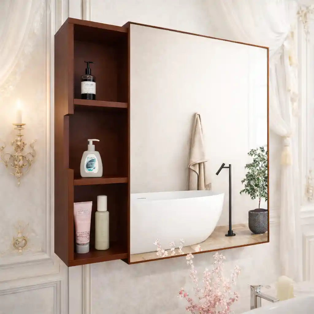Luxurious Classic Wooden Bathroom Cabinet Mirror with 3 Open Shelves with Brown Finish