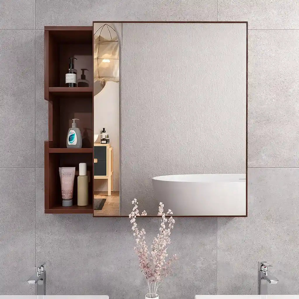 Luxurious Classic Wooden Bathroom Cabinet Mirror with 3 Open Shelves with Brown Finish