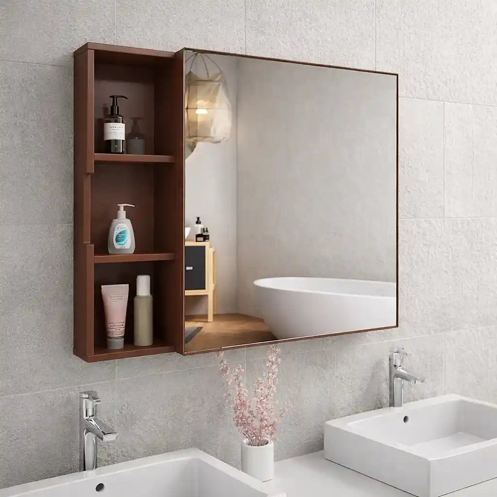 Luxurious Classic Wooden Bathroom Cabinet Mirror with 3 Open Shelves with Brown Finish