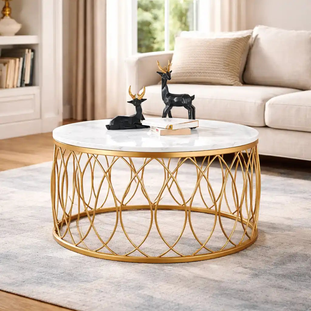 luxurious Designer in Golden & White Marble Round Shape Center Table