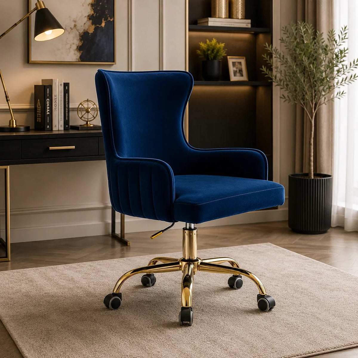 Luxurious Royal Blue Velvet Armchair with Golden Base