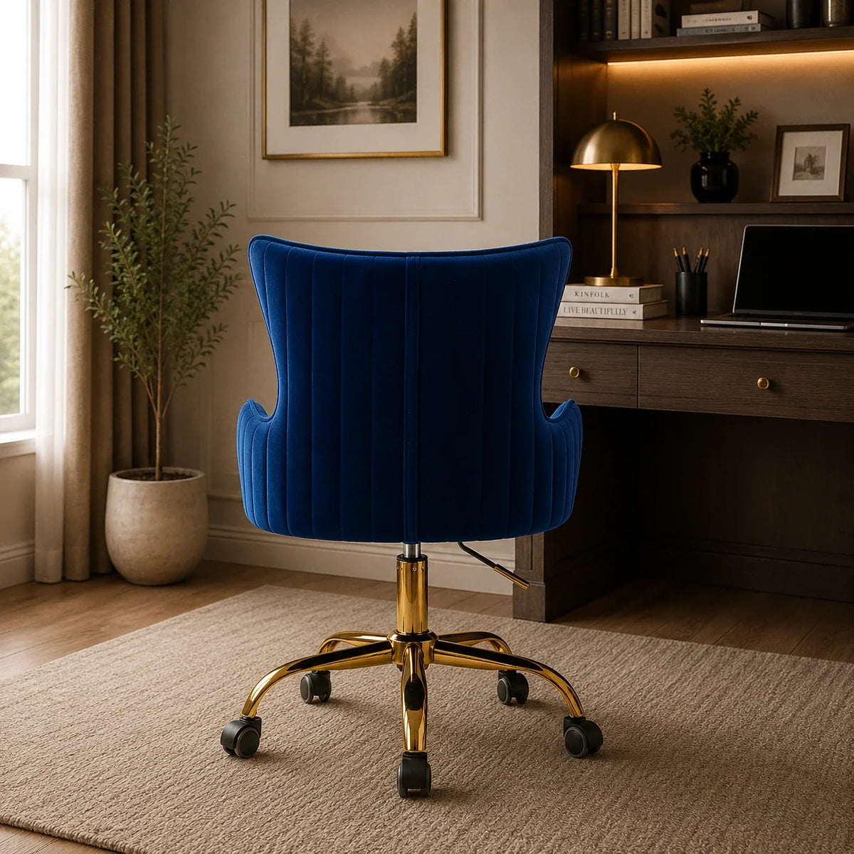 Luxurious Royal Blue Velvet Armchair with Golden Base