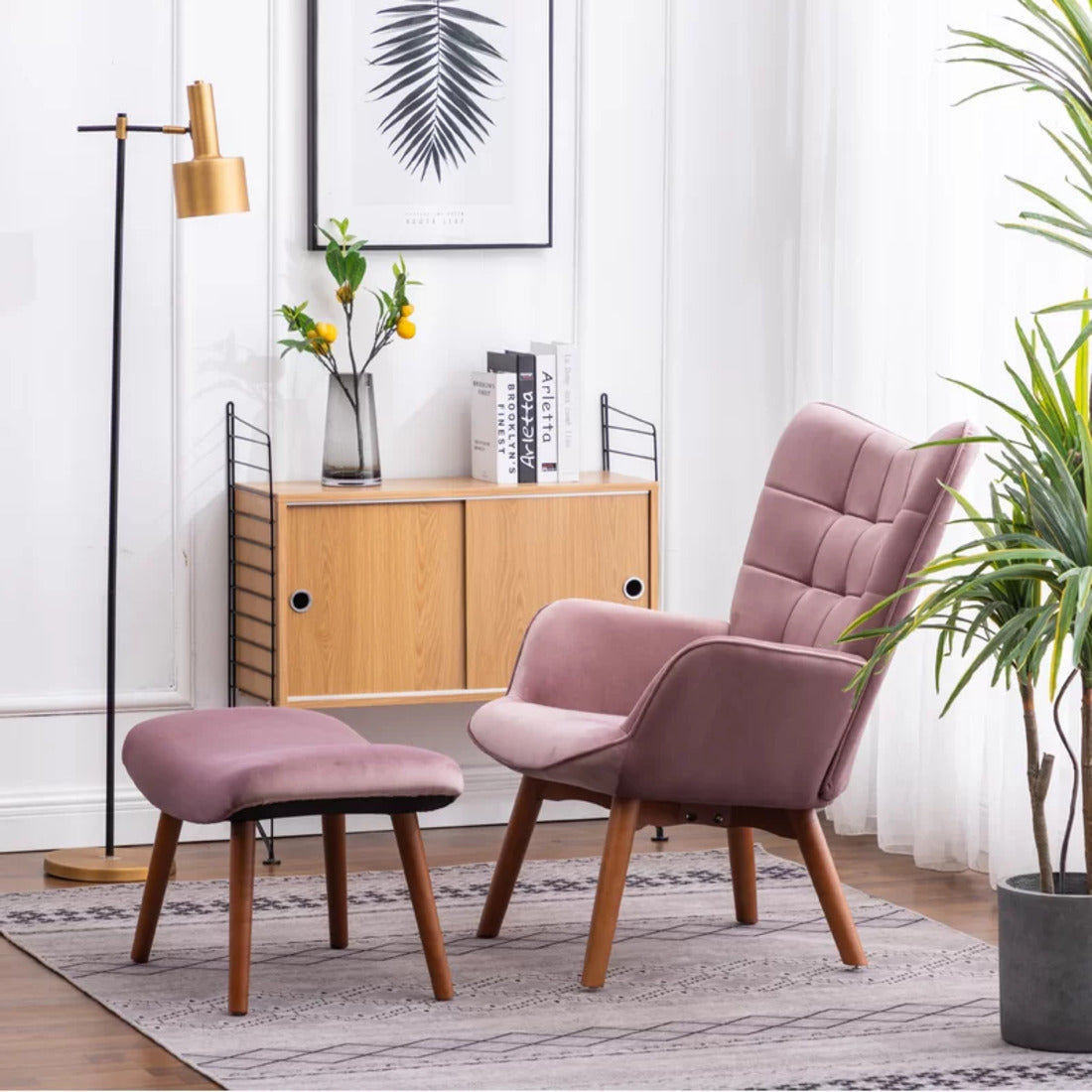Luxurious Tufted Curvy Long Back Peach Lounge Chair with Footrest