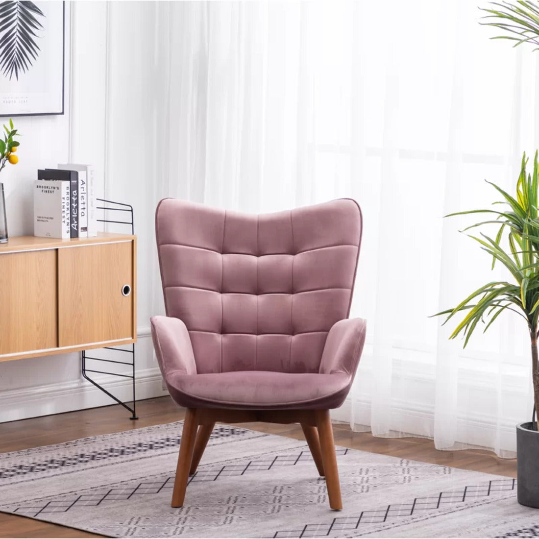 Luxurious Tufted Curvy Long Back Peach Lounge Chair with Footrest