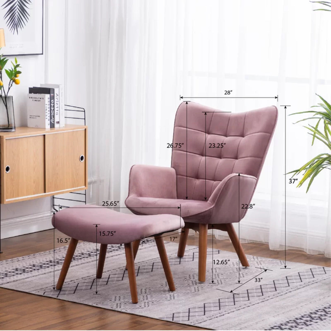 Luxurious Tufted Curvy Long Back Peach Lounge Chair with Footrest