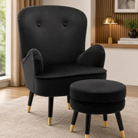 Luxury Black Premium Velvet Lounge Chair with Footrest