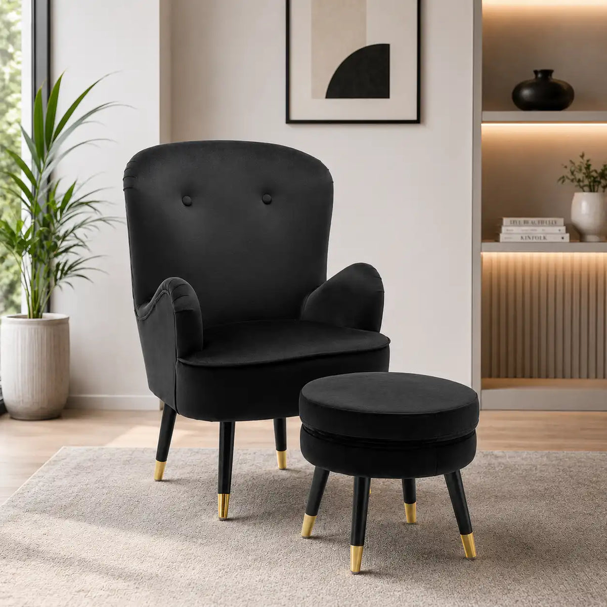 Luxury Black Premium Velvet Lounge Chair with Footrest