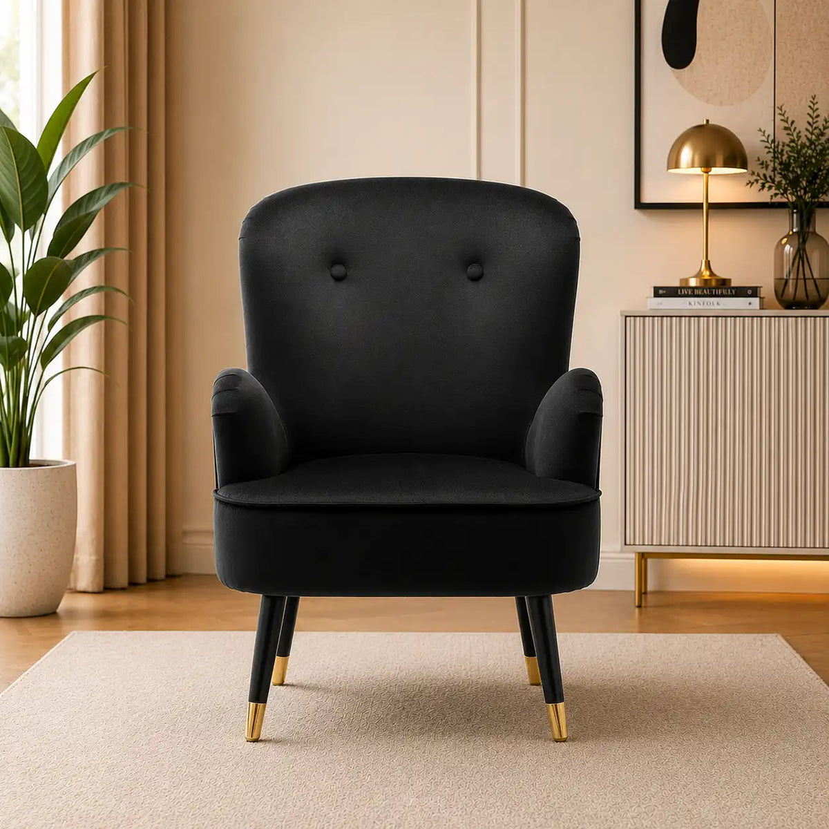 Luxury Black Premium Velvet Lounge Chair with Footrest