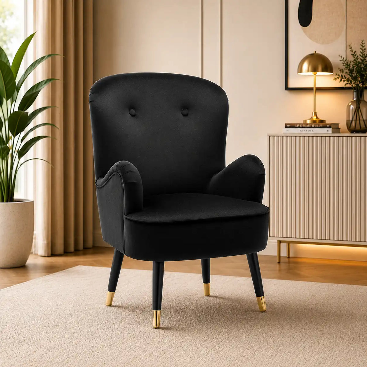 Luxury Black Premium Velvet Lounge Chair with Footrest