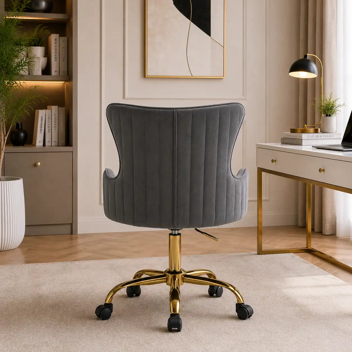 Luxury Grey Color Velvet Armchair with Golden Base