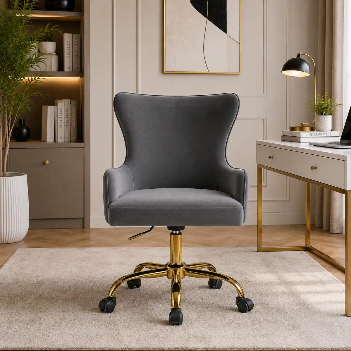 Luxury Grey Color Velvet Armchair with Golden Base