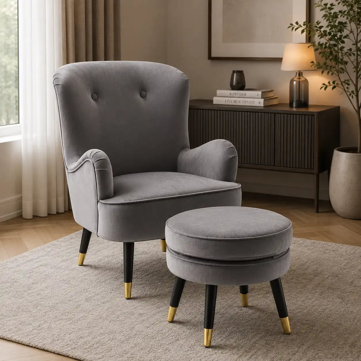 Luxury Grey Velvet Comfy Lounge Chair with Footrest