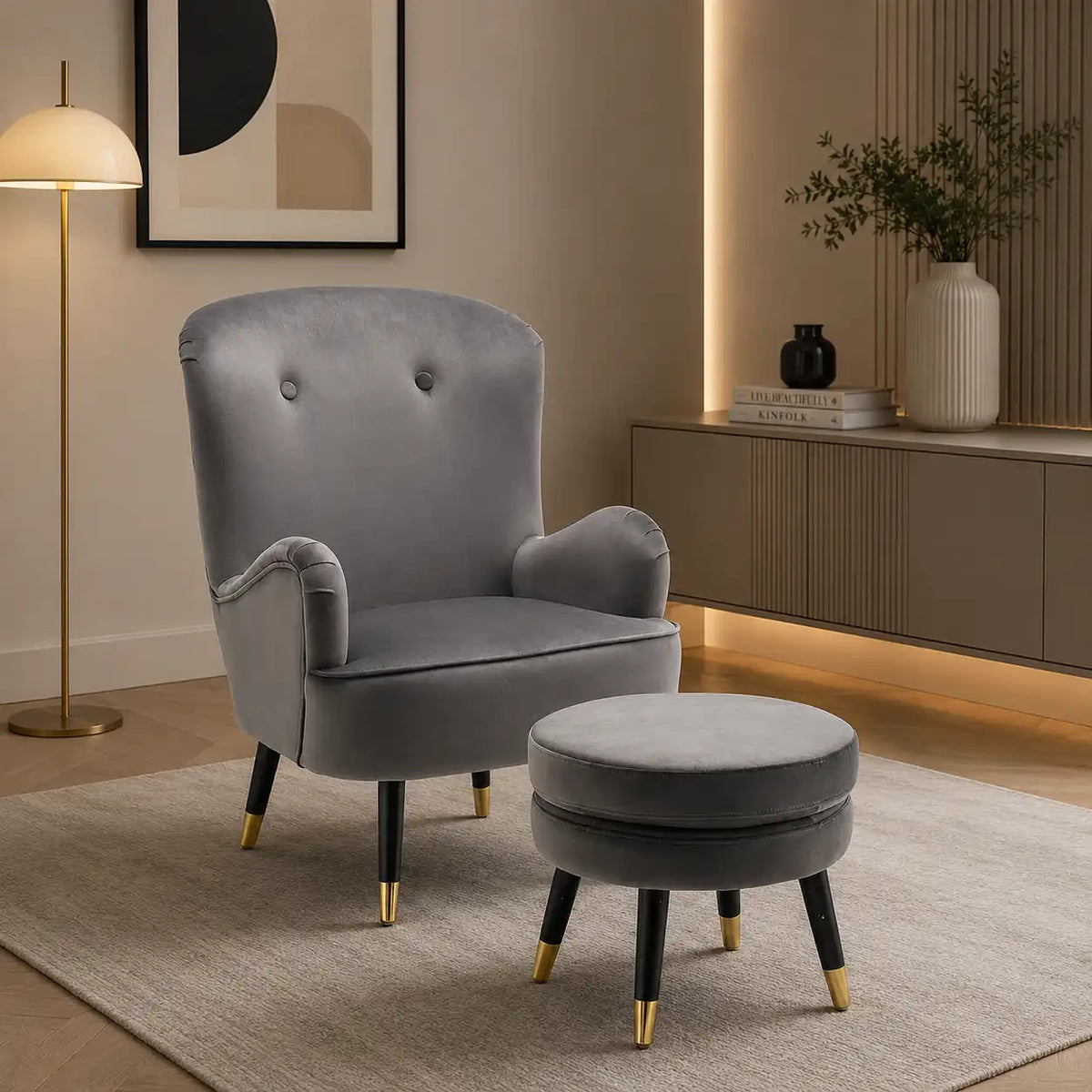 Luxury Grey Velvet Comfy Lounge Chair with Footrest